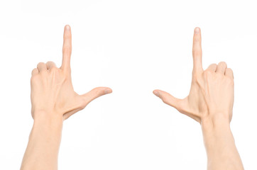 Gestures topic: human hand gestures showing first-person view isolated on white background in studio