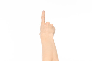 Gestures topic: human hand gestures showing first-person view isolated on white background in studio