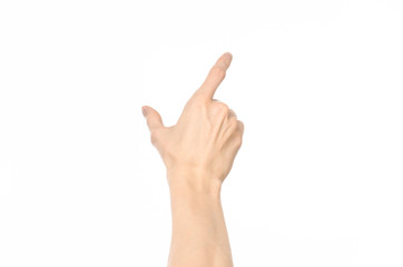 Gestures topic: human hand gestures showing first-person view isolated on white background in studio