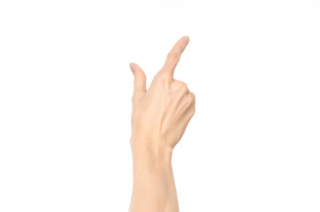 Gestures topic: human hand gestures showing first-person view isolated on white background in studio