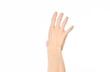 Gestures topic: human hand gestures showing first-person view isolated on white background in studio