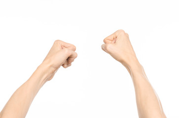Gestures topic: human hand gestures showing first-person view isolated on white background in studio