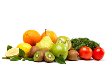 Fresh fruits and vegetables on a white background.
