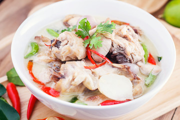 Traditional thai soup Tom Kha Gai - coconut milk with chicken