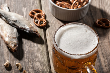 Beer with dried fish and snacks