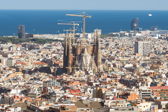 Top view of the construction site Sagrada Familia, the famous building from Antoni Gaudi. The famous Cathedral in the Barcelona district Eixample, is under construction since 1882