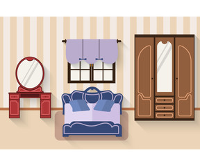 Bedroom with furniture and long shadows. Flat style vector 