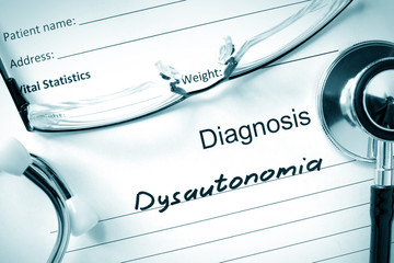 Diagnostic form with diagnosis Dysautonomia and pills.