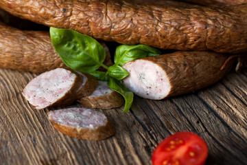 Traditional food. Smoked sausage.