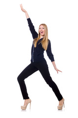 Tall young woman in black clothing isolated on white