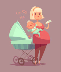 Cute mother with child. Isolated vector illustration.