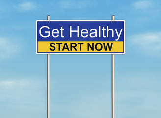 Get healthy. Road sign on the sky background. Raster illustration.