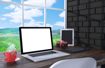 Fototapeta premium 3D ilustracja laptopand rzeczy pracy na stole w pobliżu ściany z cegły