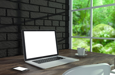 Fototapeta premium 3D illustration laptopand work stuff on table near brick wall