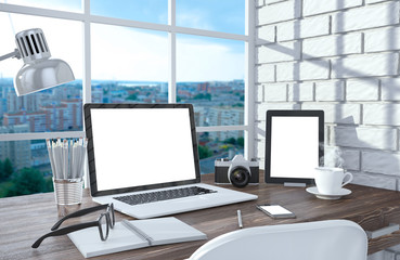 3D illustration laptopand work stuff on table near brick wall