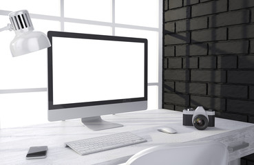 Fototapeta premium 3D illustration PC screen on table in office, Workspace