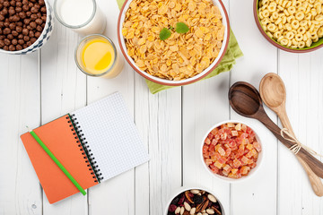 Healthy breakfast on white wooden table