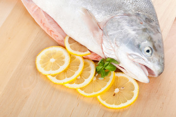 Trout on wooden table