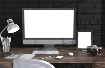 Fototapeta premium 3D illustration PC screen on table in office, Workspace