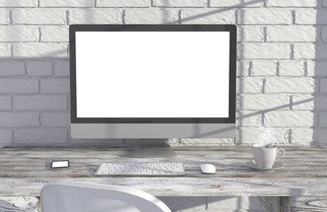 Fototapeta premium 3D illustration PC screen on table in office, Workspace