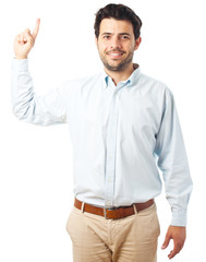 young man pointing up on a white background