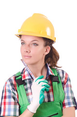 Female workman in green overalls isolated on white