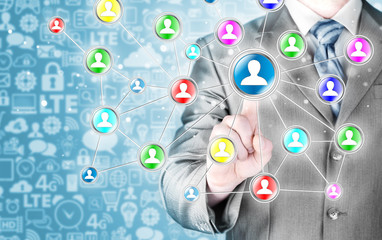 man hand pressing social media icon