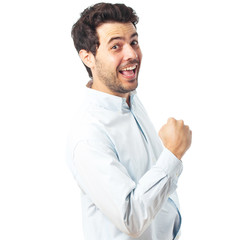 young winner happy man on a white background