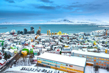 Beautiful Reykjavik city skyline in Iceland. Reykjavik is the Northernmost capital city in the world