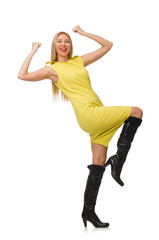 Pretty fair girl in yellow dress isolated on white