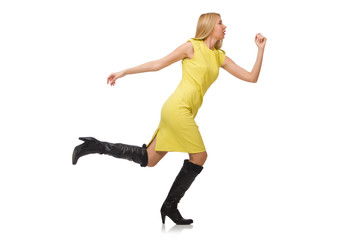 Pretty fair girl in yellow dress isolated on white