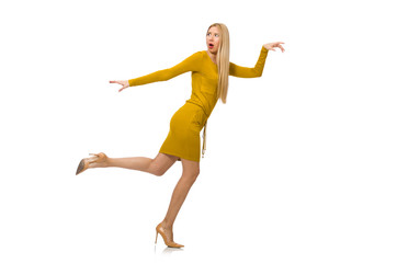 Pretty fair girl in yellow dress isolated on white