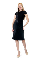 Pretty pregnant woman in black dress isolated on white