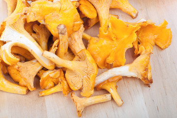 Chanterelles on wooden board