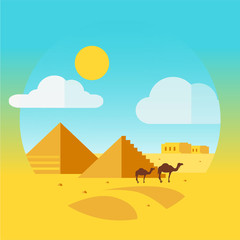 Flat Design Landscape with Camel and Egyptian Pyramids