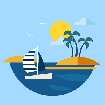 Summer Seascape with Sailboat Vector