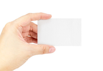 Obraz premium Close up Female hand holding white blank business card isolated
