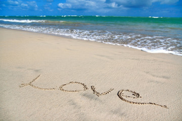 Fototapeta na wymiar Sign Love on sand on beach