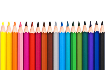Line of colorful wooden pencils isolated on white background