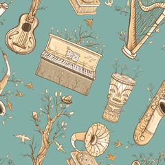 Seamless vector pattern with musical instruments, trees, birds.