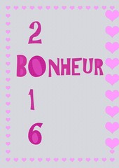 2016,carte de vœux rose,,avec cœurs,nouvel an plein de bonheur
