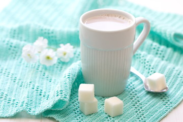 Cup of cocoa and sugar on the mint background