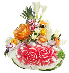 Sculpture of freshly cut watermelon, melon and zucchini