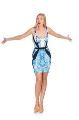 Fototapeta premium Blond hair girl in mini blue dress isolated on white