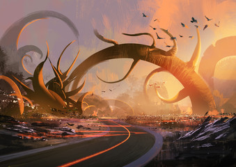 painting of fantasy landscape with a mysterious trees at sunset © grandfailure