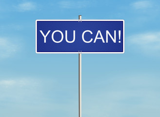 You can. Road sign on the sky background. Raster illustration.