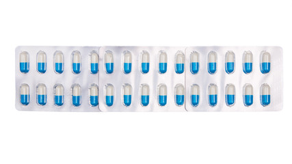 panels of antibiotic drug capsules on white background.