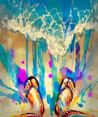 Crédence de cuisine en verre imprimé Grand échec peinture de pieds colorés avec des tongs sur la plage de sable