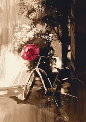 Tuinposter vintage bicycle and red hat on summer day.digital painting © grandfailure
