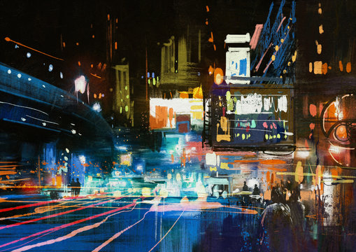 painting of modern urban city at night ,illustration